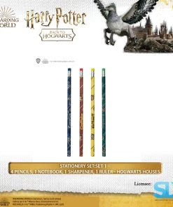 Famesbro Wizarding World Cinereplica: Stationery Set:Set 1 - 4 Pencils, 1 Notebook, 1 Sharpener, 1 Ruler - Hogwarts Houses